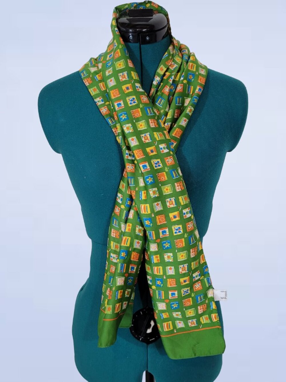 Vintage Mod Green Polyester Scarf with Multicolor Square Grid & Floral Print